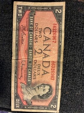 Vintage Canada Two Dollar Bill - Red and Black